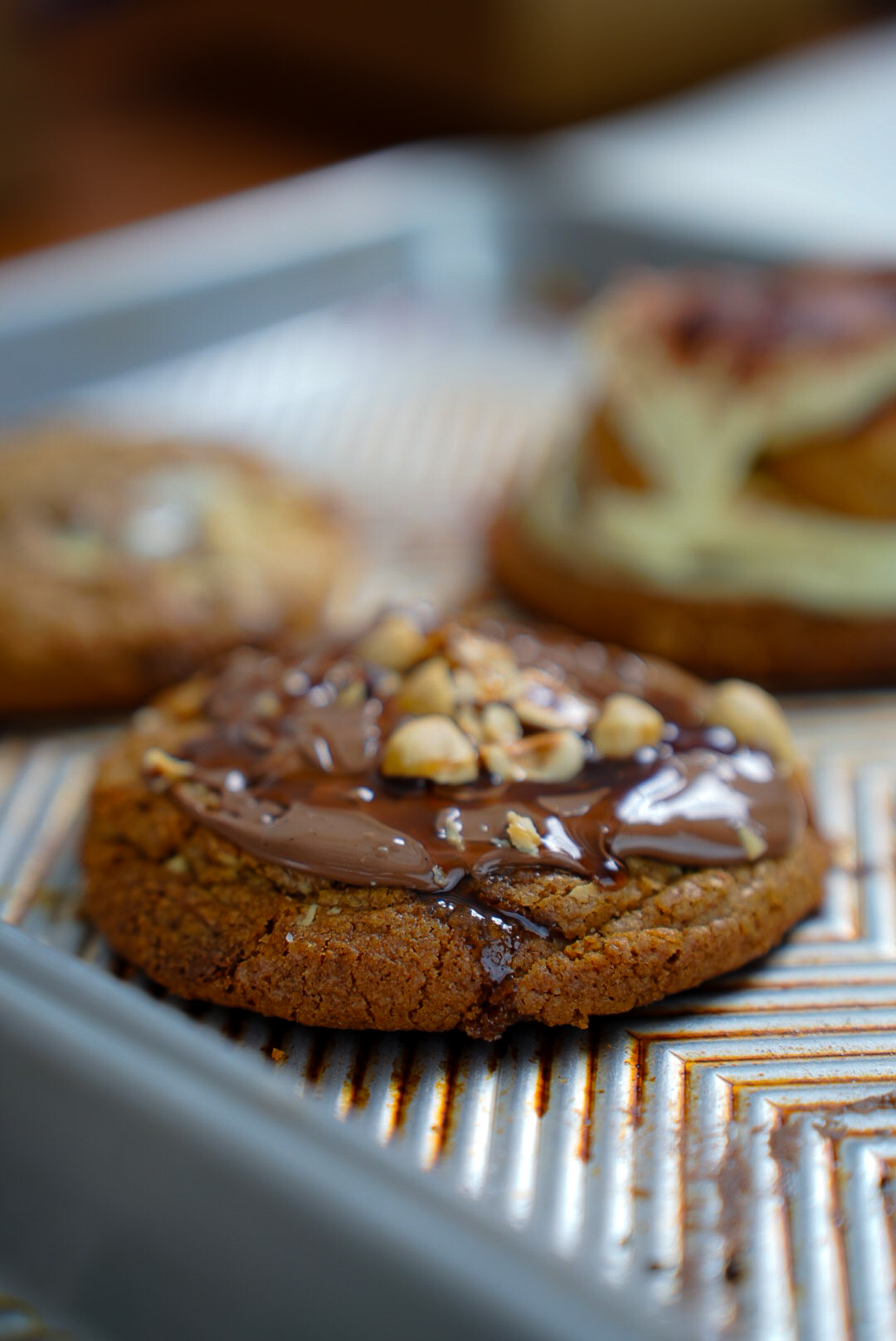 Ferrero cookie with melted chocolate and roasted hazelnuts, fresh from the tray